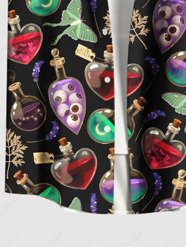 Gothic Plus Size Colorful Alcohol Bottle Eye Butterfly Leaves Print Button Pocket Shirt For Men