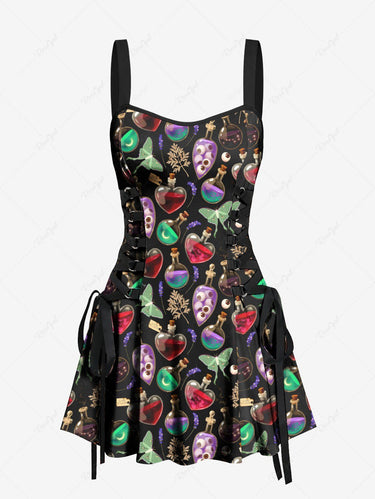 Gothic Colorful Alcohol Bottle Eye Butterfly Leaves Print Lace Up A Line Tank Dress