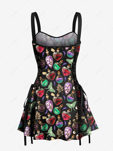 Gothic Colorful Alcohol Bottle Eye Butterfly Leaves Print Lace Up A Line Tank Dress