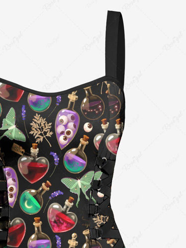Gothic Colorful Alcohol Bottle Eye Butterfly Leaves Print Lace Up A Line Tank Dress