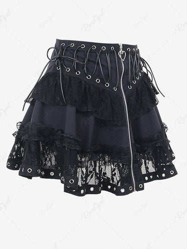 Gothic Floral Lace Patchwork Zipper Grommet Lace-up Braided Sexy A Line Skirt