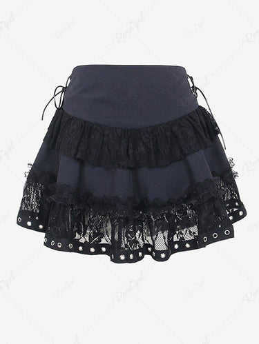 Gothic Floral Lace Patchwork Zipper Grommet Lace-up Braided Sexy A Line Skirt