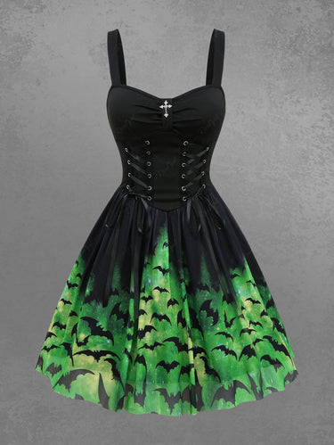 Gothic Tie Dye Ombre Bat Print Mesh Lace Up Cross Ruched A Line Tank Dress