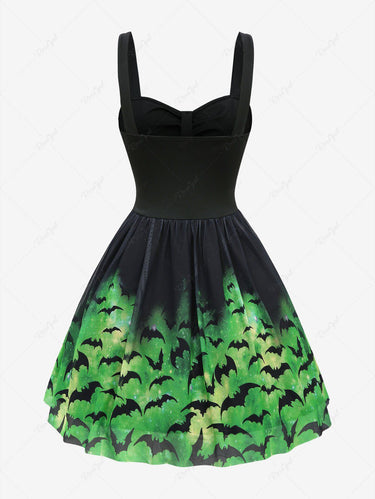 Gothic Tie Dye Ombre Bat Print Mesh Lace Up Cross Ruched A Line Tank Dress