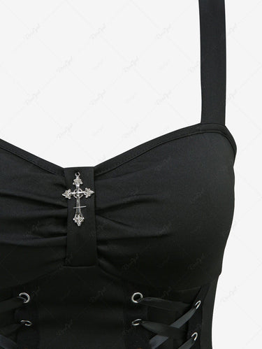 Gothic Tie Dye Ombre Bat Print Mesh Lace Up Cross Ruched A Line Tank Dress