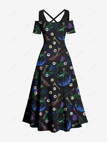 Gothic Plus Size Eye Witchcraft Floral Broom Print Crisscross Cold Shoulder A Line Maxi Dress