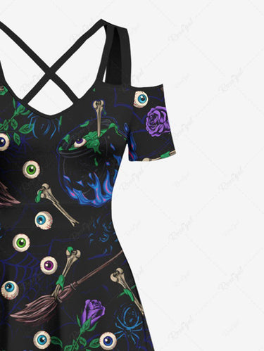 Gothic Plus Size Eye Witchcraft Floral Broom Print Crisscross Cold Shoulder A Line Maxi Dress