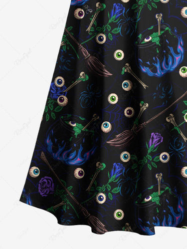 Gothic Plus Size Eye Witchcraft Floral Broom Print Crisscross Cold Shoulder A Line Maxi Dress