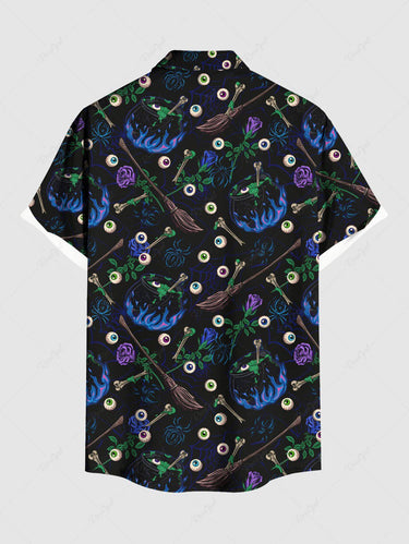 Gothic Plus Size Eye Witchcraft Floral Broom Print Button Pocket Shirt For Men
