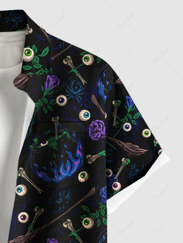 Gothic Plus Size Eye Witchcraft Floral Broom Print Button Pocket Shirt For Men