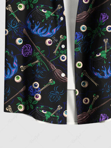 Gothic Plus Size Eye Witchcraft Floral Broom Print Button Pocket Shirt For Men