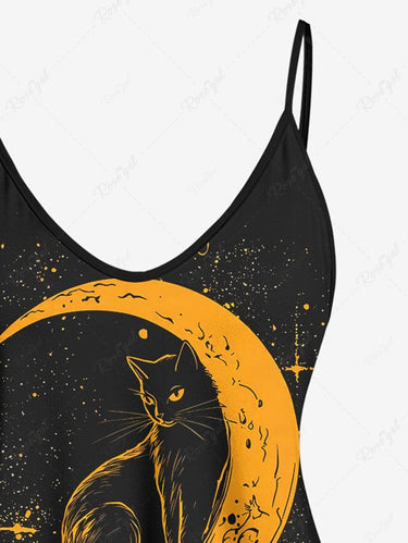 Gothic Plus Size Paint Drop Moon Star Galaxy Cat Print Cami Top(Adjustable Shoulder Strap)