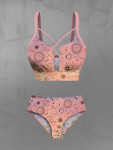 Gothic Plus Size Sun Moon Star Cloud Ombre Print Lace Up Tankini Swimsuit (Adjustable Shoulder Strap)
