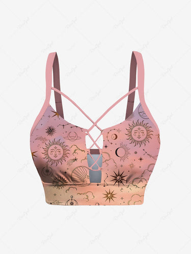 Gothic Plus Size Sun Moon Star Cloud Ombre Print Lace Up Tankini Swimsuit (Adjustable Shoulder Strap)