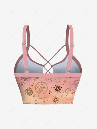 Gothic Plus Size Sun Moon Star Cloud Ombre Print Lace Up Tankini Swimsuit (Adjustable Shoulder Strap)