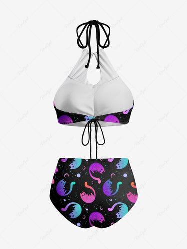 Gothic Ombre Cat Moon Print Hollow Out Halter Backless Tankini Swimsuit