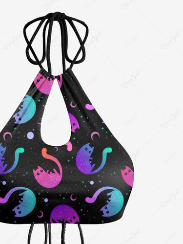Gothic Ombre Cat Moon Print Hollow Out Halter Backless Tankini Swimsuit