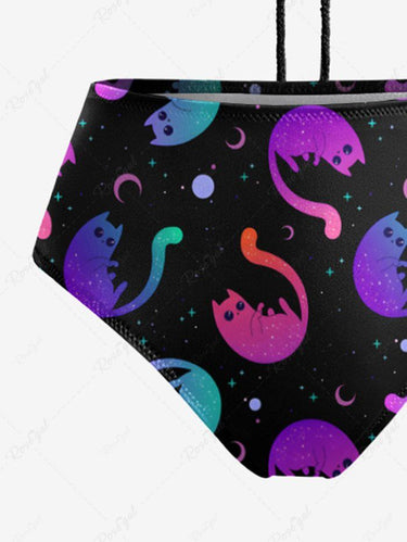 Gothic Ombre Cat Moon Print Hollow Out Halter Backless Tankini Swimsuit