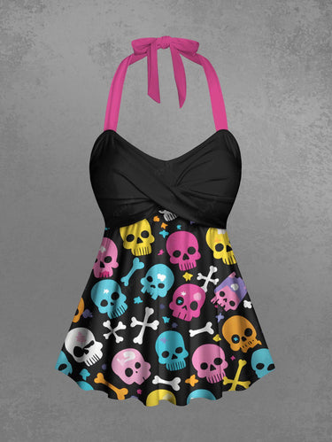 Gothic Plus Size Colorful Skull Bone Print Twist Halter Backless Tankini Top