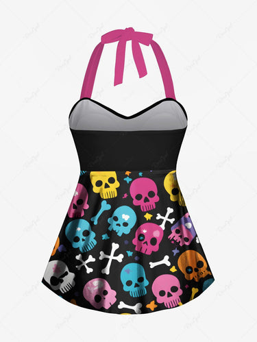 Gothic Plus Size Colorful Skull Bone Print Twist Halter Backless Tankini Top