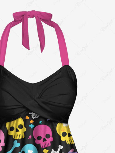 Gothic Plus Size Colorful Skull Bone Print Twist Halter Backless Tankini Top