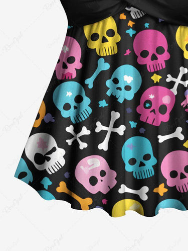 Gothic Plus Size Colorful Skull Bone Print Twist Halter Backless Tankini Top