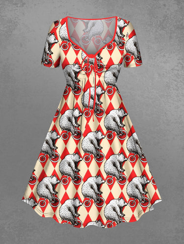 Gothic Plus Size Bear Riding Bike Geometric Colorblock Print Cinched A Line Dress