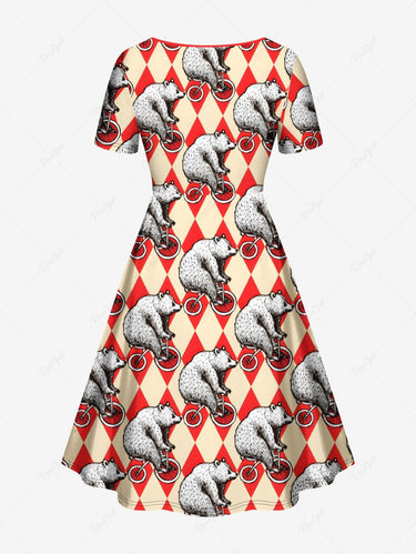 Gothic Plus Size Bear Riding Bike Geometric Colorblock Print Cinched A Line Dress