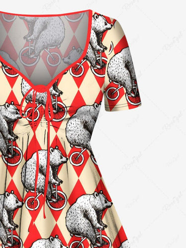 Gothic Plus Size Bear Riding Bike Geometric Colorblock Print Cinched A Line Dress