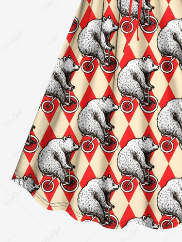 Gothic Plus Size Bear Riding Bike Geometric Colorblock Print Cinched A Line Dress