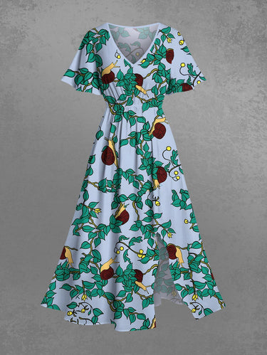 Gothic Plus Size Branch Leaf Snail Print Split Pocket A Line Midi Dress