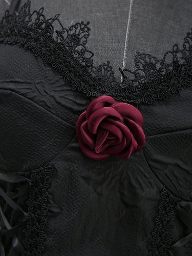 Gothic Bowknot Embossed Rose Flower Decor Lace-up Lace Trim A Line Sexy Cami Dress