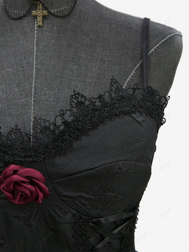 Gothic Bowknot Embossed Rose Flower Decor Lace-up Lace Trim A Line Sexy Cami Dress