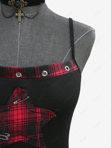 Gothic Punk Plaid Print Pentagram Paperclip Grommet Cami Top