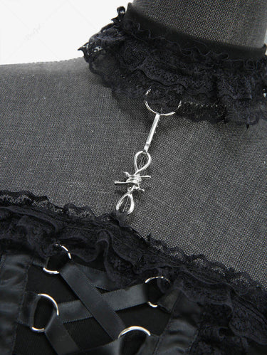 Gothic Lace Up Braided Lace-trim Solid Halter Top