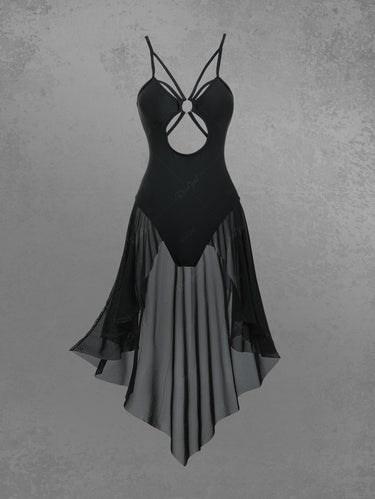 Gothic O-Ring Strappy Cut Out Mesh Overlay Asymmetric Solid Swimsuit