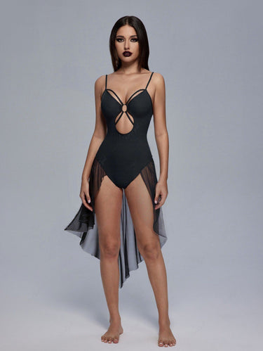 Gothic O-Ring Strappy Cut Out Mesh Overlay Asymmetric Solid Swimsuit