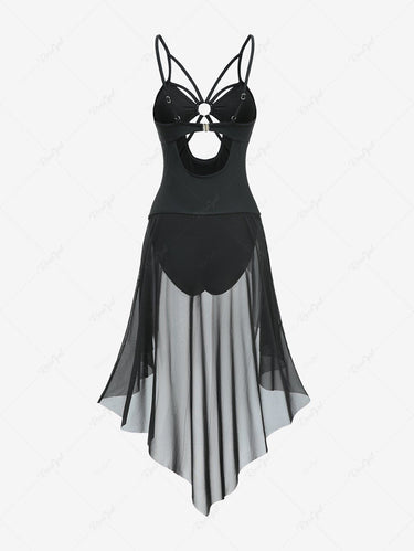 Gothic O-Ring Strappy Cut Out Mesh Overlay Asymmetric Solid Swimsuit