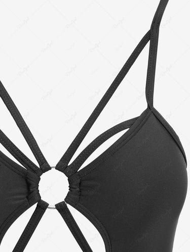 Gothic O-Ring Strappy Cut Out Mesh Overlay Asymmetric Solid Swimsuit