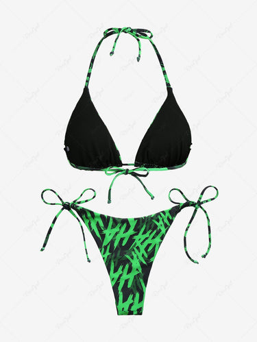 Gothic Letters Graffiti Print Plunging Halter Backless String Bikini Set(3 Days Delivery)