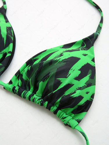 Gothic Letters Graffiti Print Plunging Halter Backless String Bikini Set(3 Days Delivery)