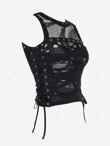 Gothic Ripped Fishnet Panel Grommet Lace Up Side Sexy Tank Top