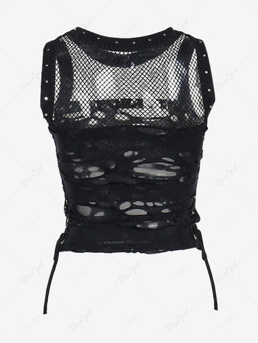 Gothic Ripped Fishnet Panel Grommet Lace Up Side Sexy Tank Top