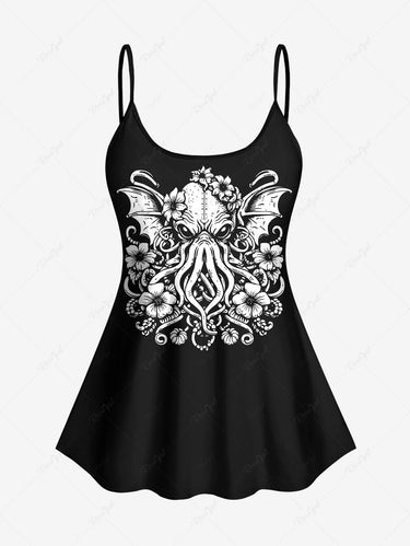 Gothic Plus Size Octopus Bat Floral Print Boyleg Tankini Swimsuit (Adjustable Shoulder Strap)