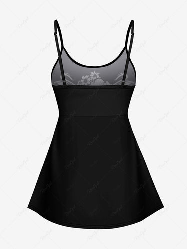 Gothic Plus Size Octopus Bat Floral Print Boyleg Tankini Swimsuit (Adjustable Shoulder Strap)