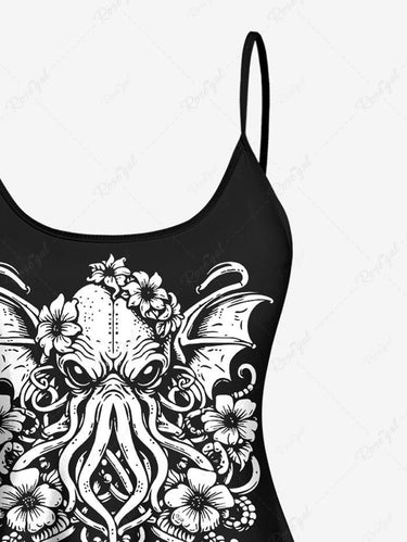 Gothic Plus Size Octopus Bat Floral Print Boyleg Tankini Swimsuit (Adjustable Shoulder Strap)