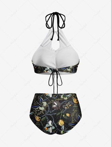 Gothic Butterfly Floral Print Hollow Out Halter Backless Tankini Swimsuit