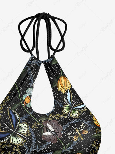 Gothic Butterfly Floral Print Hollow Out Halter Backless Tankini Swimsuit