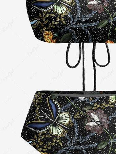 Gothic Butterfly Floral Print Hollow Out Halter Backless Tankini Swimsuit