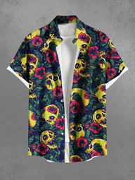 Gothic Plus Size Skull Tropical Leaves Floral Print Hawaii Button Pocket Shirt For Men